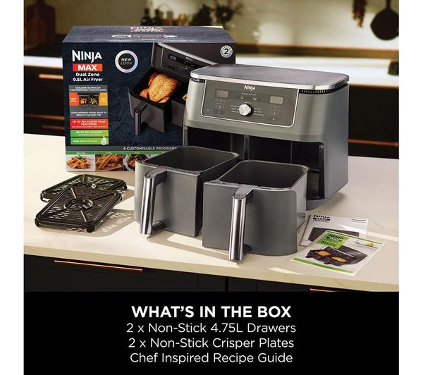 Ninja MAX 6-in-1 Dual Zone Air Fryer with two non-stick drawers, crisper plates, recipe guide, and packaging box.