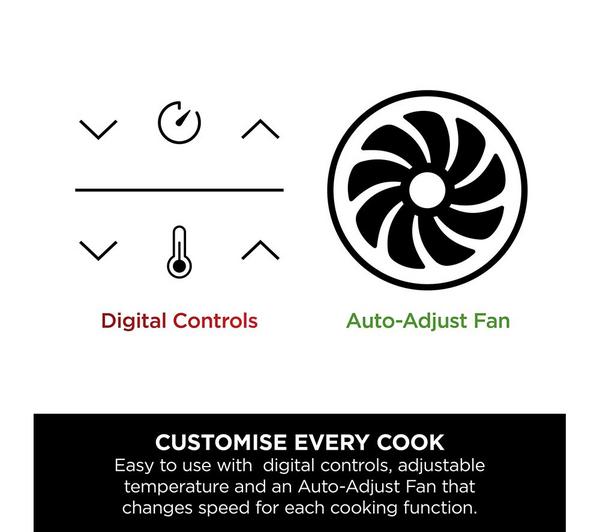 Digital controls with temperature and timer adjustment icons, and a black auto-adjust fan symbol for Ninja MAX 6-in-1 Air