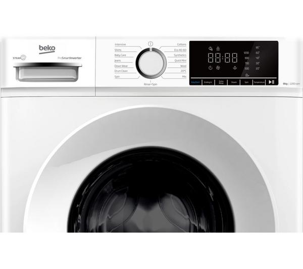 BEKO BW1O3821W white washing machine front panel with control dial, digital display, and detergent drawer.