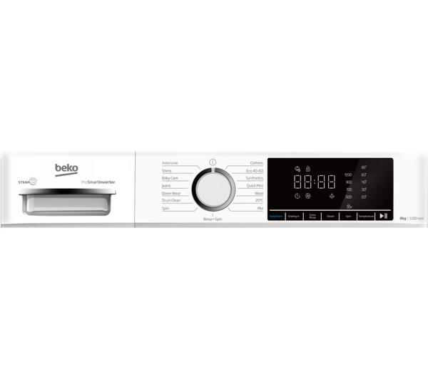 Control panel of BEKO BW1O3821W washing machine with program dial, detergent drawer, and digital display.
