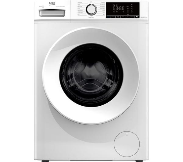 Beko BW1O3821W front-load washing machine in white with digital display, dial, and large door.