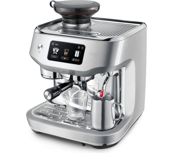 Sage Oracle Dual Boiler espresso machine in stainless steel with digital display, portafilter, and milk frothing jug