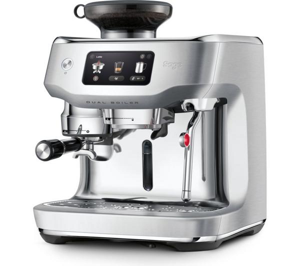 Sage Oracle Dual Boiler espresso machine in stainless steel with digital display and portafilter attached.
