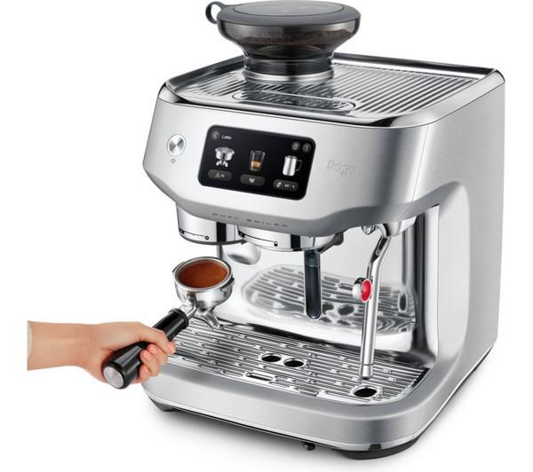 Sage Oracle Dual Boiler espresso machine in stainless steel with digital display and portafilter held by hand