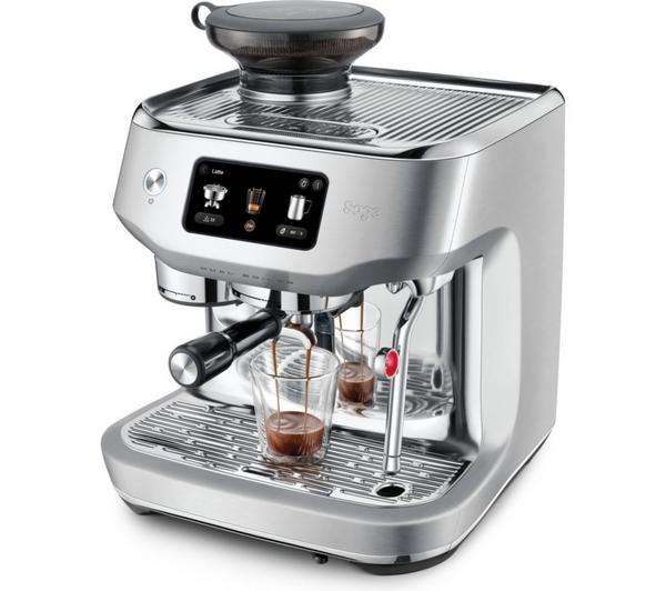 Sage Oracle Dual Boiler stainless steel espresso machine with digital display and two glasses brewing coffee