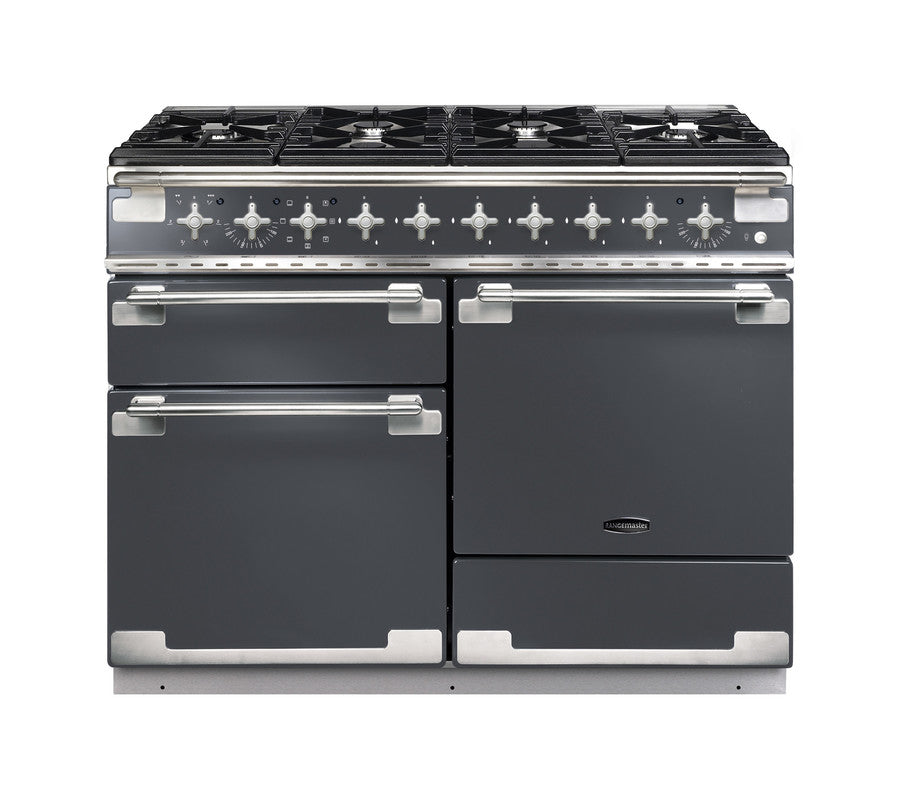 Rangemaster Elise 110 dual fuel range cooker in dark grey with six burners and three oven doors, front view.
