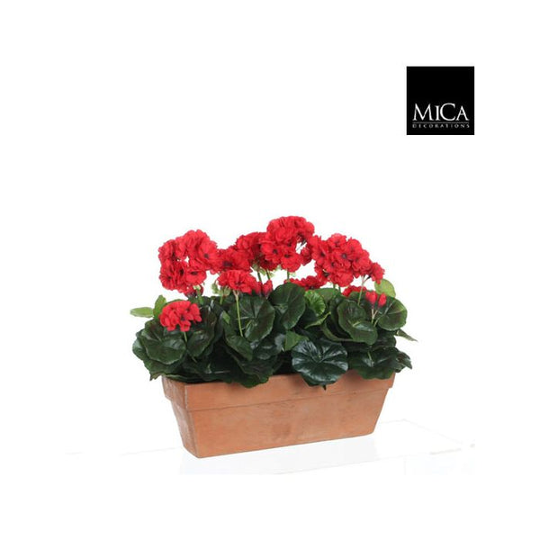 Red artificial Geranium plant in terra balcony tray, L39xW13xH40cm, maintenance-free, Keans Claremorris.