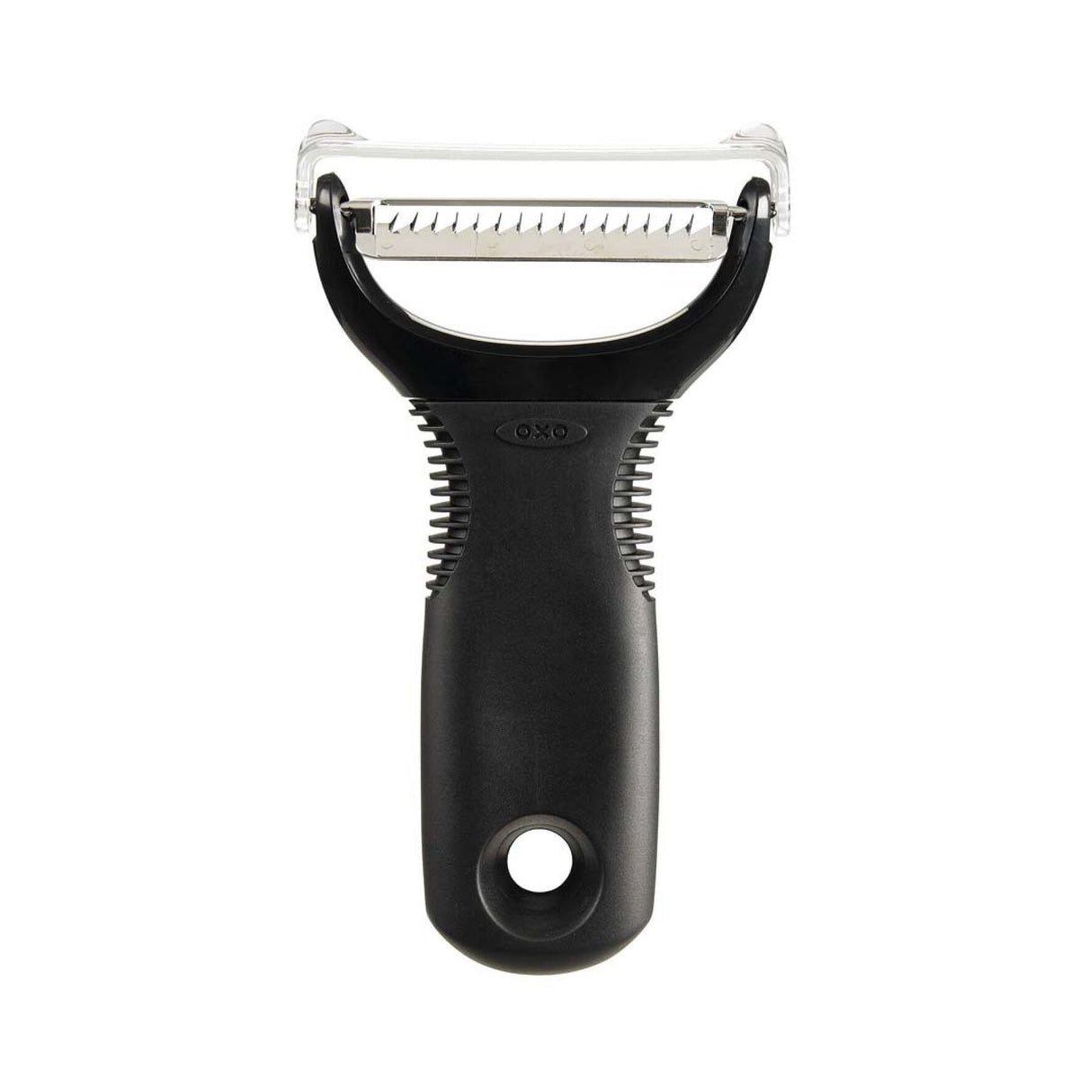 Oxo Julienne Peeler with black soft grip handle and sharp stainless steel blade with safety cover raised