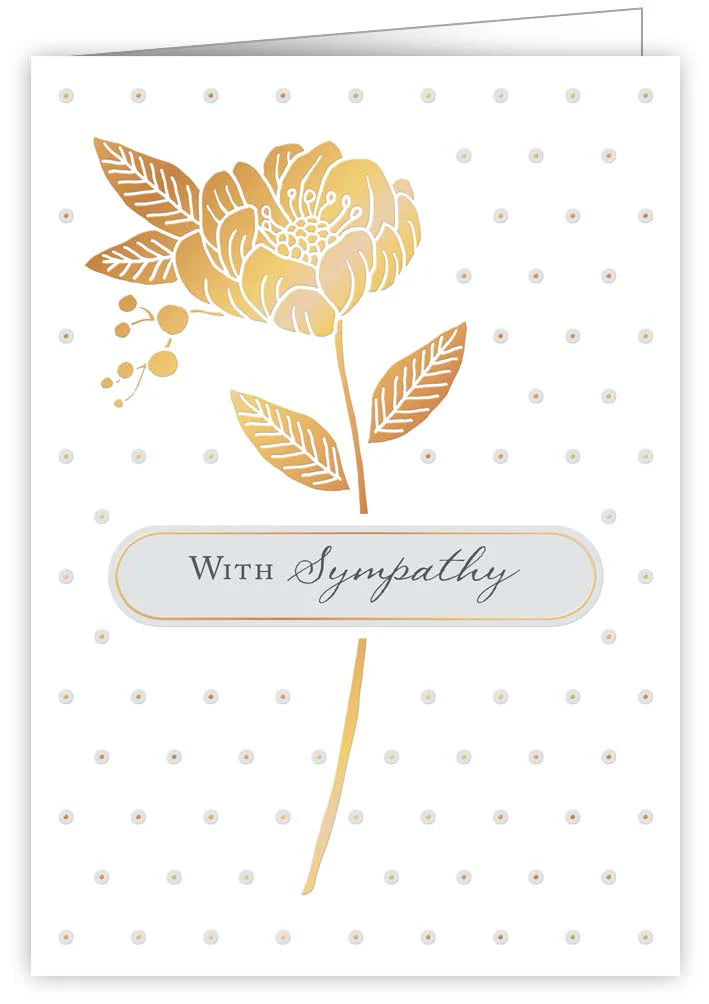 Sympathy card with gold foil flower and leaves on white background with small gold dots, blank inside.