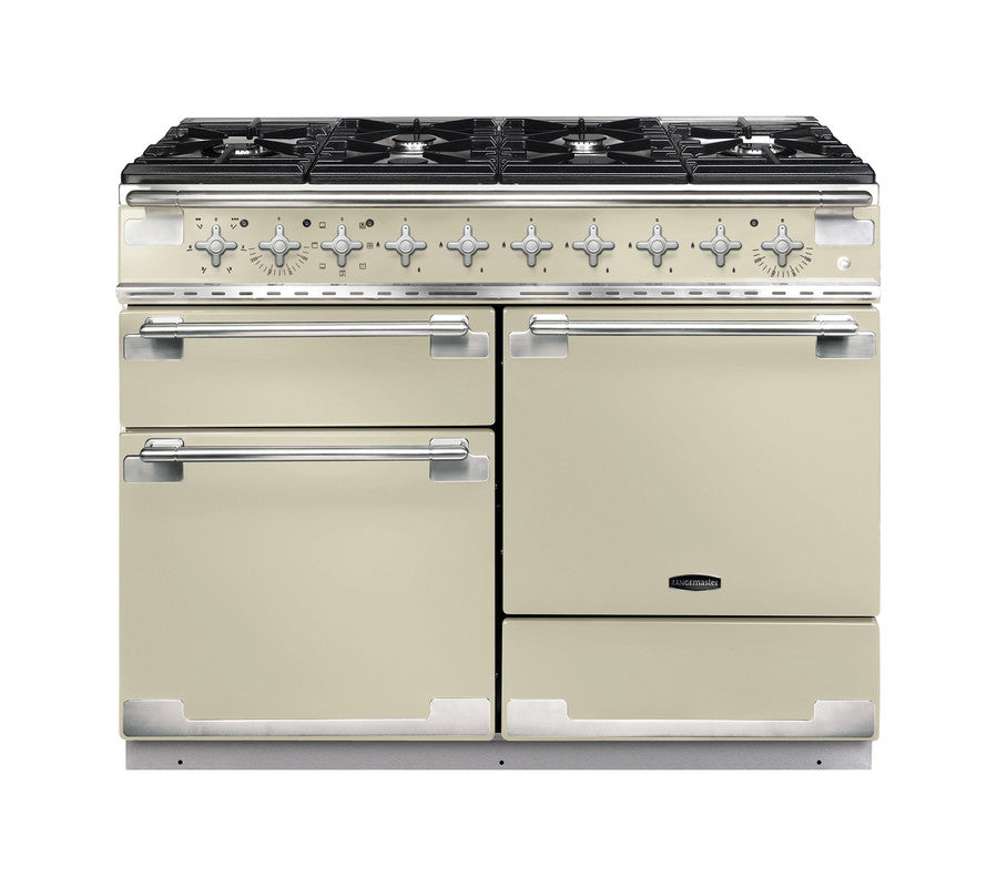 Rangemaster Elise 110 dual fuel range cooker in cream with six gas burners and two electric ovens front view.