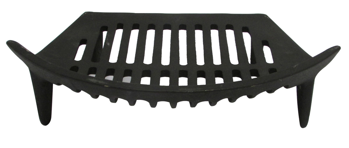 Black cast iron fire grate with four legs and slotted design, curved front edge, 16-inch size.