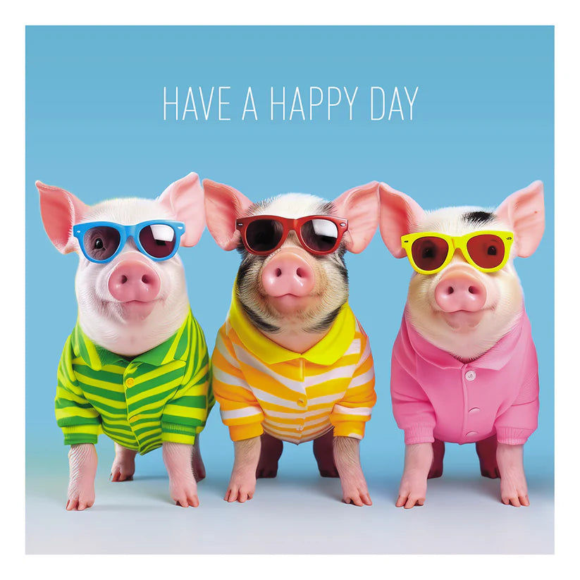 Three piglets wearing colorful striped shirts and sunglasses under the text "Have a Happy Day" on a blue background.