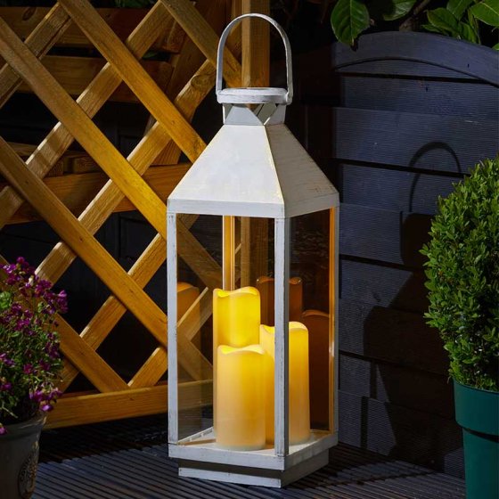 Riga Lantern Ivory solar-powered with flickering triple pillar candles, warm white LEDs, automatic dusk lighting – Keans