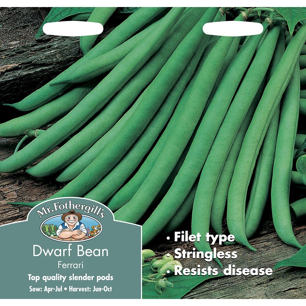 Dwarf French Bean Ferrari seed packet showing slender, stringless green beans on a wooden surface.