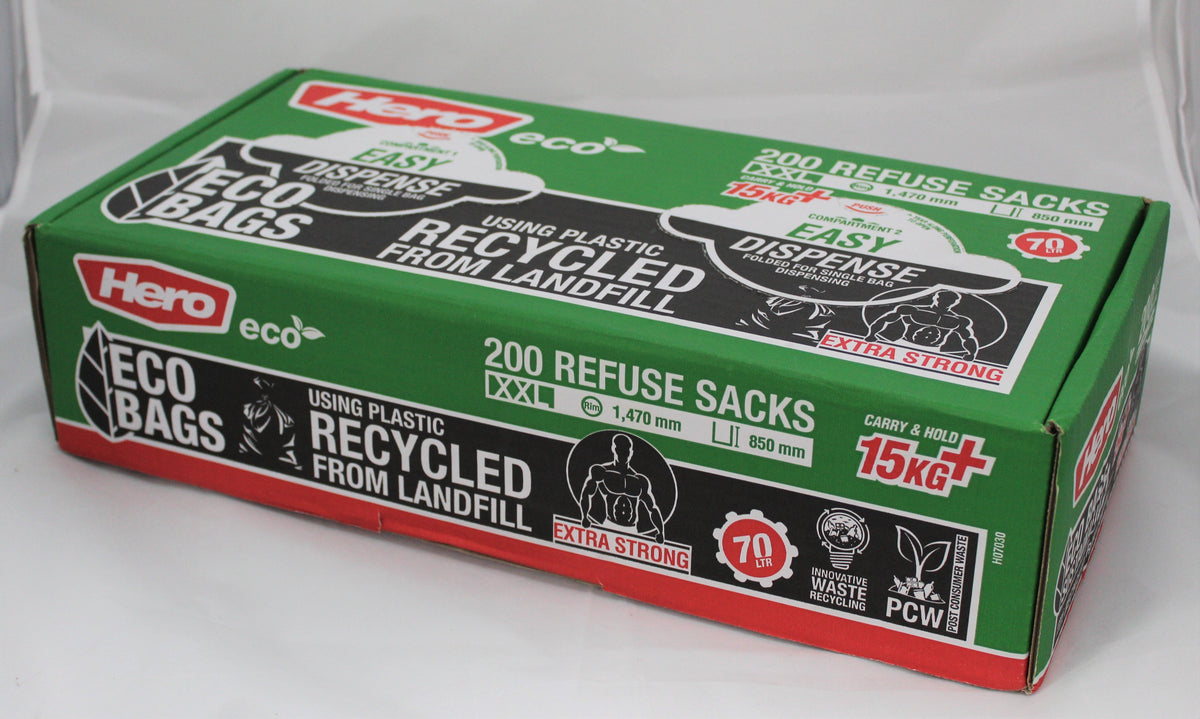 Hero Eco Easy Dispense 200 black bin bags, eco-friendly, strong, easy-dispense box, sold by Keans Claremorris
