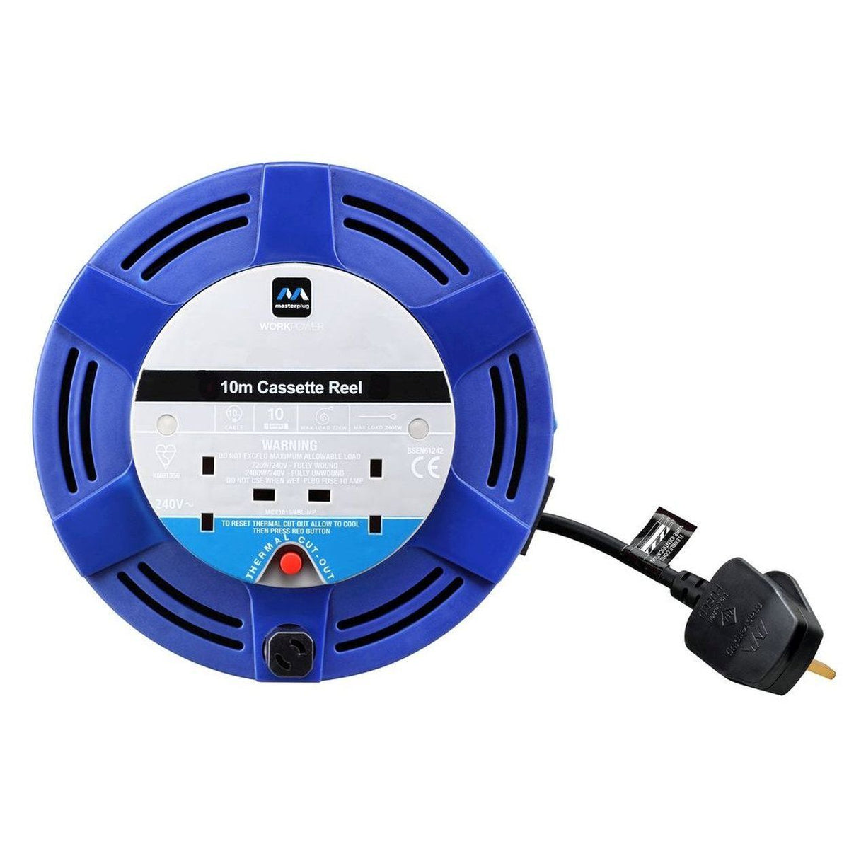 10m 10 AMP 2 socket cassette reel with thermal cut-out, wall mountable, 240v, ideal for workshop - Keans Claremorris