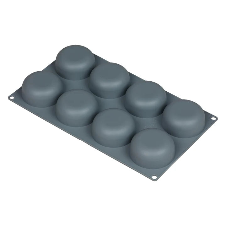 Gray Tala 8 cup round silicone cake mould shown upside down to display the rounded cavities.