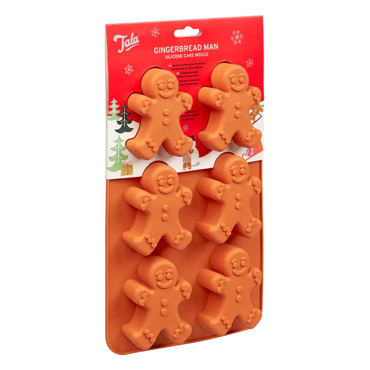 Tala silicone gingerbread man cake mould with six smiling gingerbread man shapes on red packaging
