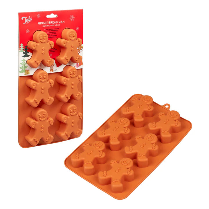 Tala silicone gingerbread man cake mould with six smiling gingerbread shapes, shown in and out of packaging.