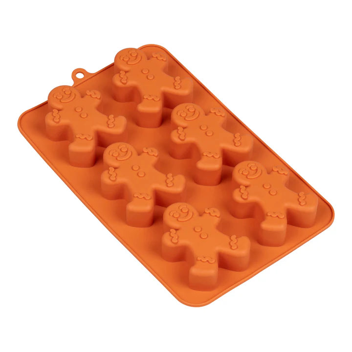 Orange silicone gingerbread man cake mould with six detailed cavities for baking.