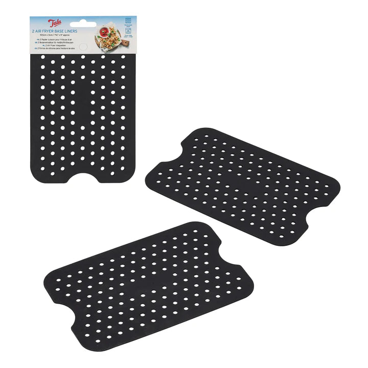 Two black perforated silicone base liners for air fryers, one in packaging and two loose, 20 x 13cm each.
