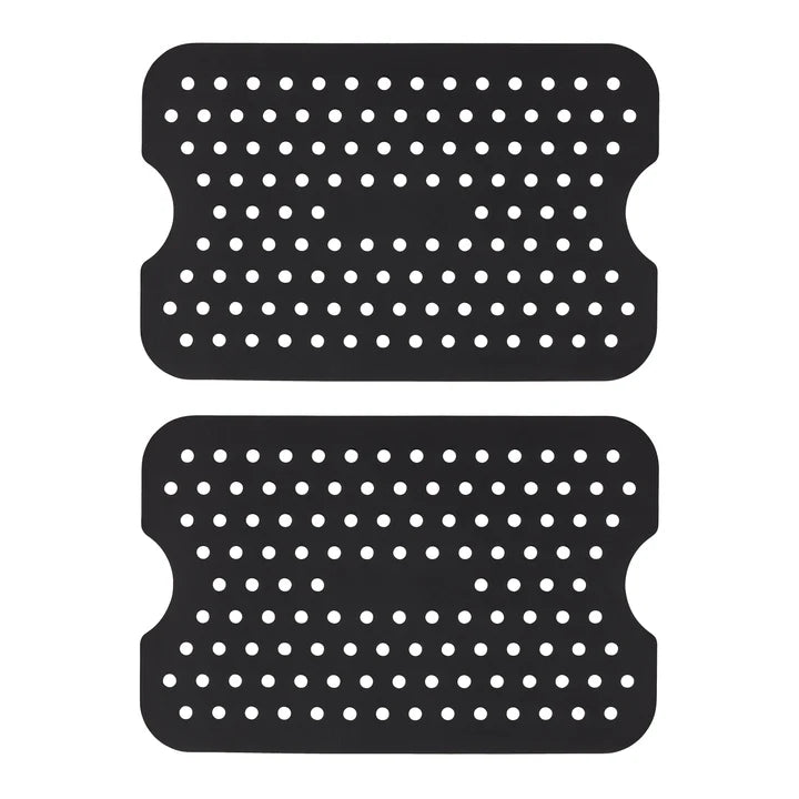 Two black rectangular Tala silicone base liners with evenly spaced circular holes on a white background.