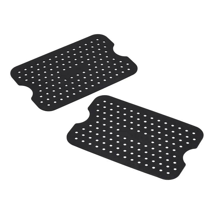 Two black rectangular Tala silicone base liners with evenly spaced holes on a white background.