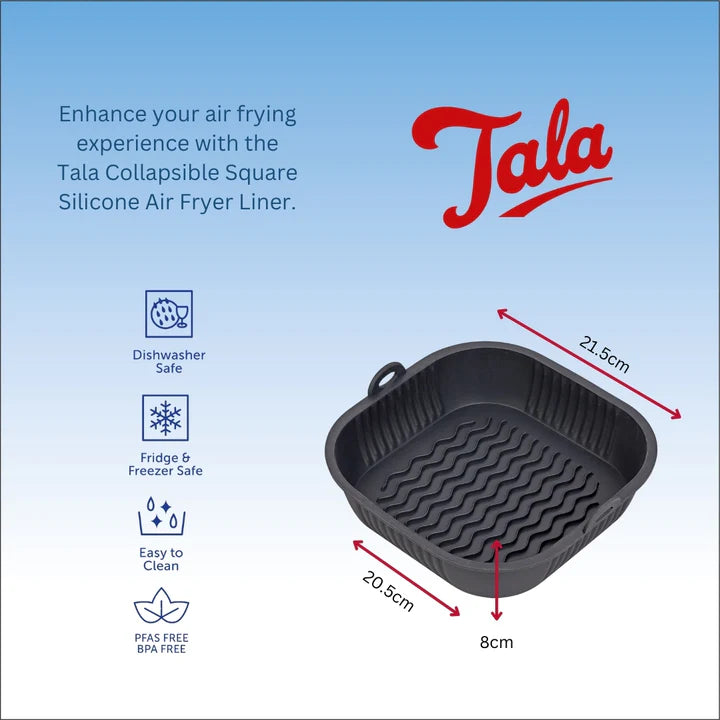 Black square Tala silicone air fryer liner with wavy base and dimensions marked on a blue gradient background.