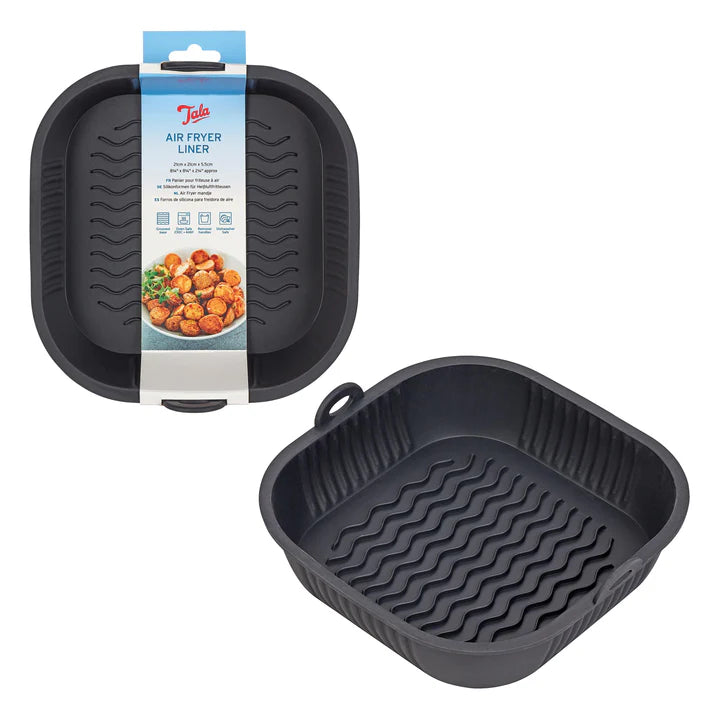Two black Tala silicone air fryer liners, one with packaging and one angled to show wavy textured surface and side handles.