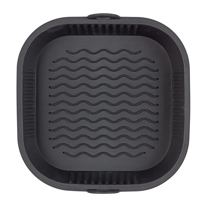 Square black Tala silicone air fryer liner with raised wavy ridges, 21 x 21 x 5.5 cm.