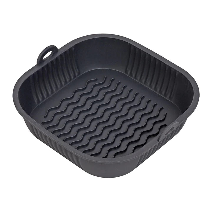Black Tala silicone air fryer liner with wavy ridges and a small hanging loop on the side.