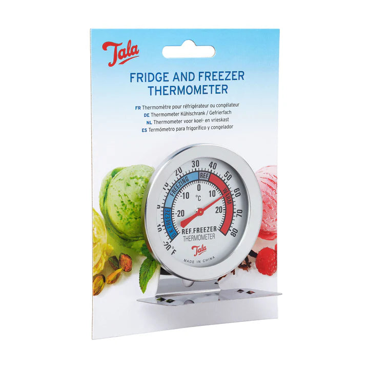 Tala fridge and freezer thermometer in silver casing on branded blue and white packaging with ice cream images.