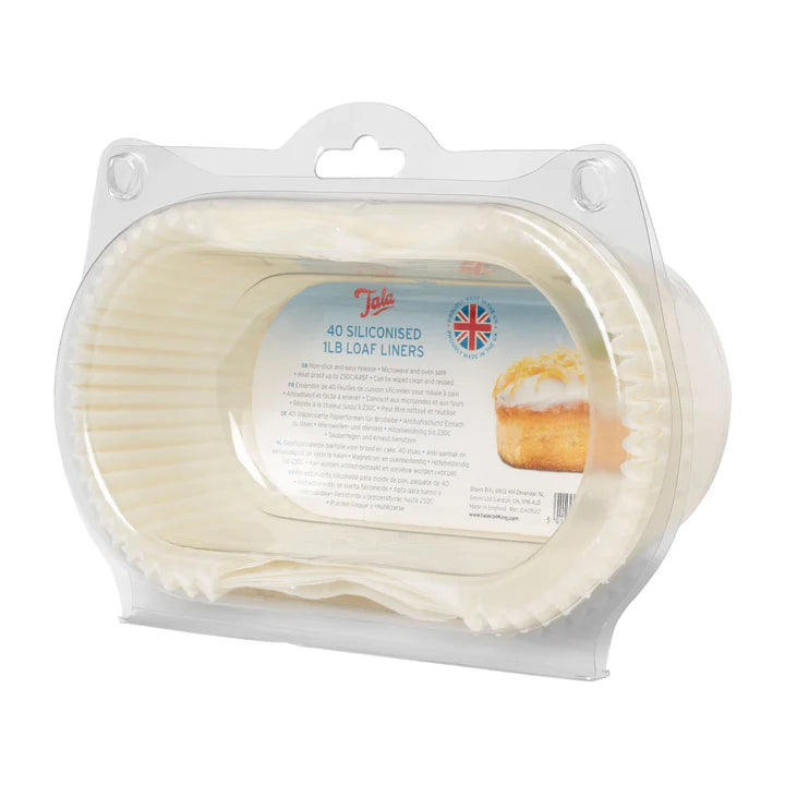 Pack of 40 Tala siliconised 1lb loaf liners in clear plastic packaging with product label and cake image.