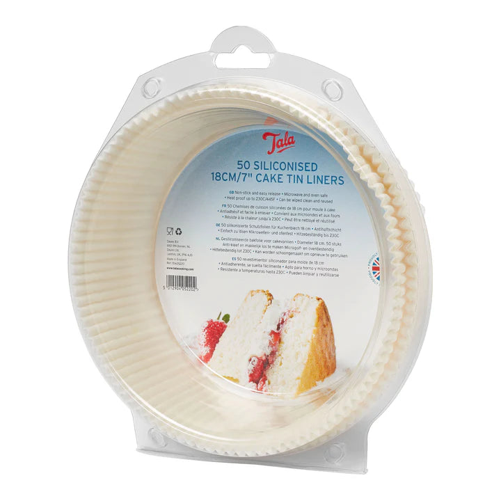 Pack of 50 Tala 18cm siliconised cake tin liners in clear plastic packaging with product label and cake image.