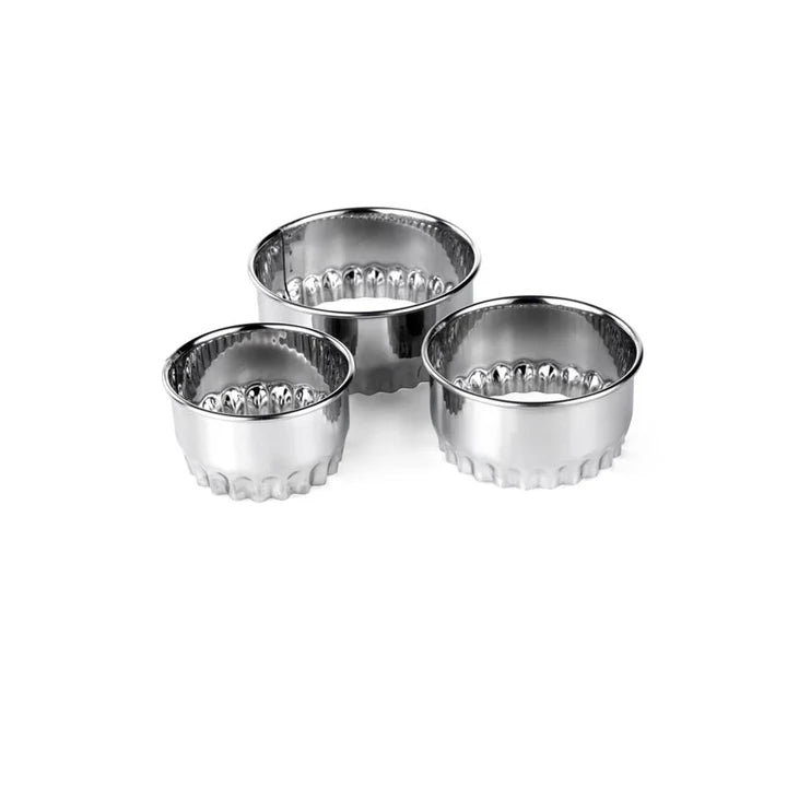 Set of 3 shiny stainless steel crinkled pastry cutters in small, medium, and large sizes on white background
