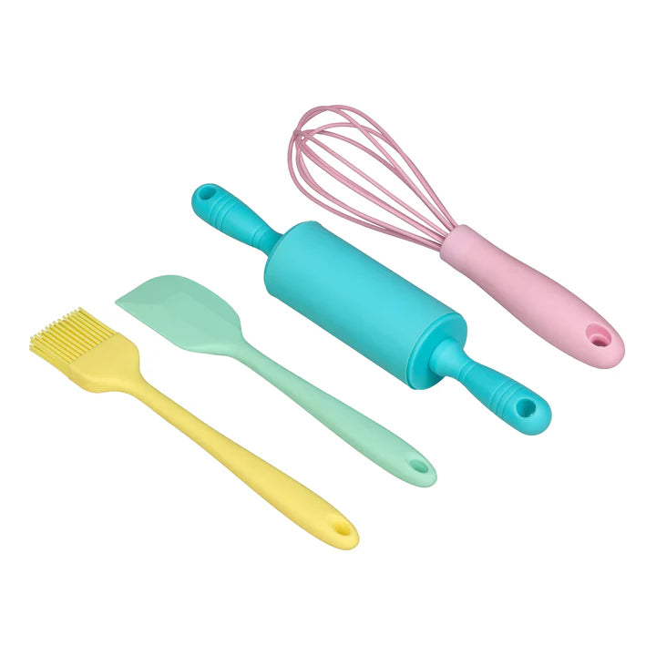 Tala 4 Piece Mini Silicone Baking Tools Set with pink whisk, blue rolling pin, green spatula, and yellow brush on white