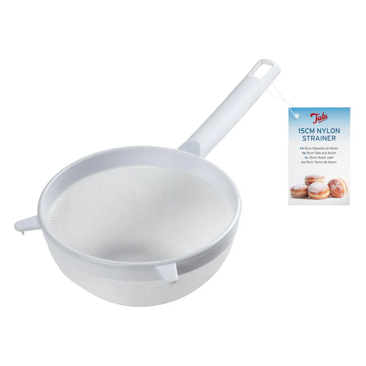White Tala 15cm nylon strainer with handle and two small support feet, shown with product tag attached.