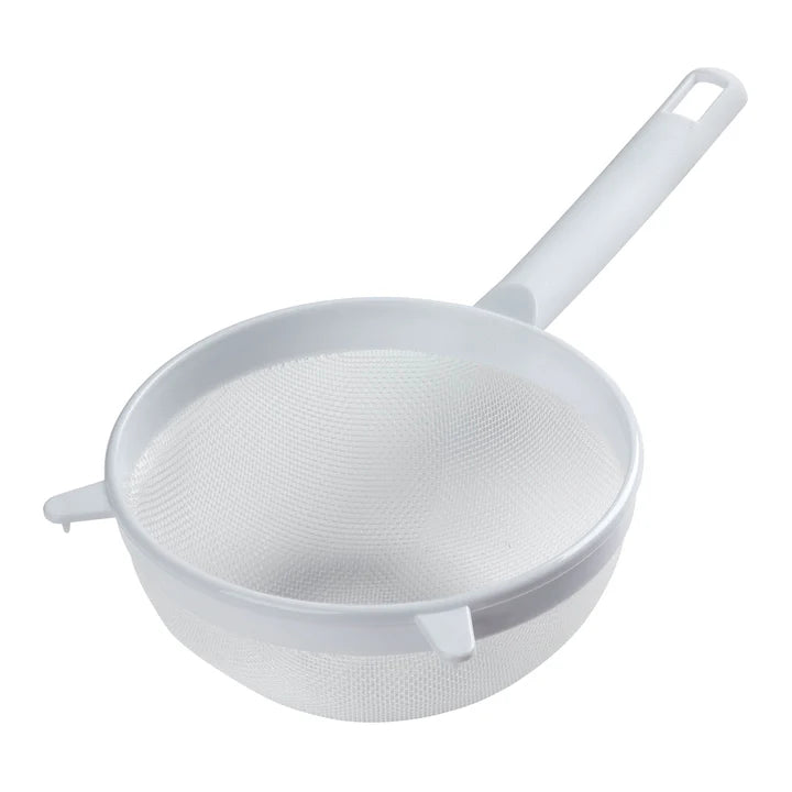 White Tala 15cm strainer with fine mesh and a long handle with a hanging hole