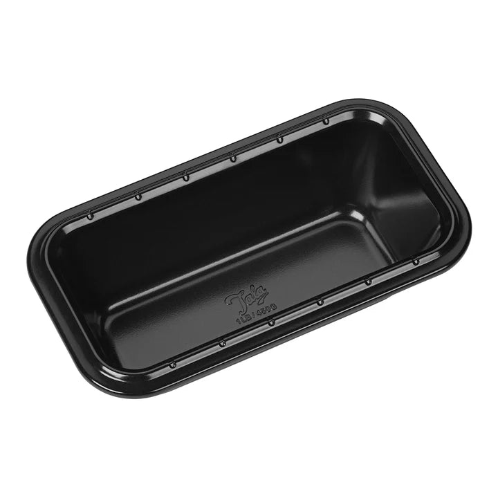 Tala Eclipse black non-stick 1lb loaf tin angled to show interior and embossed logo on base