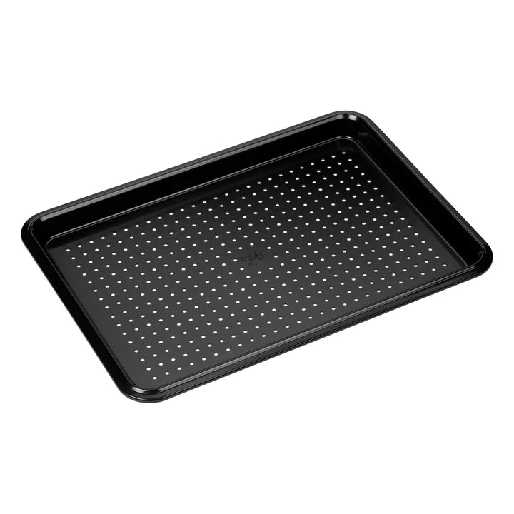 Tala Eclipse Crisper Tray in black with perforated base and raised edges shown at an angle on white background
