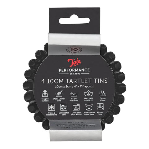 Tala 4-pack of 10cm black metal tartlet tins with packaging showing product features and branding.