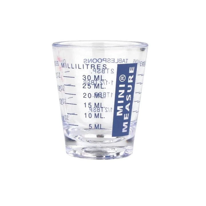 Clear Tala Mini Measure Glass with blue measurement markings up to 30 ml and a blue "Mini Measure" label.