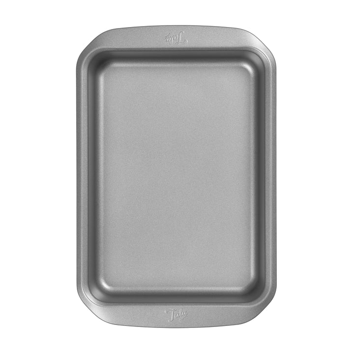 Tala 7x10" small silver metal roasting pan with rounded corners and embossed logo on handles