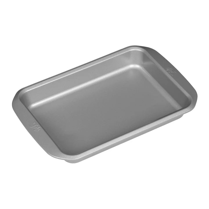 Tala 7x10" small silver metal roasting pan with handles on both sides, angled view.
