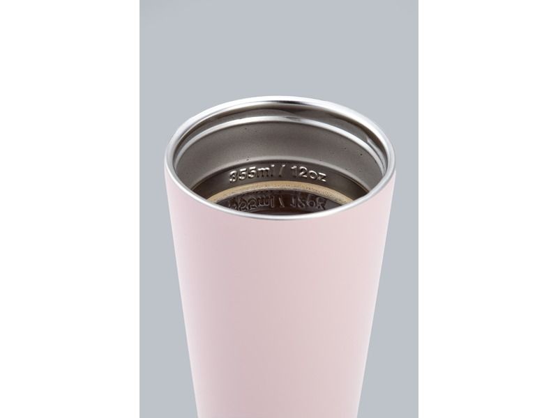 Close-up of the open top of a Summer Blush Smidge Travel Cup showing the stainless steel interior and capacity markings.