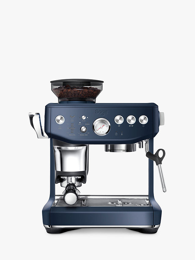Sage Barista Express Impress espresso machine in Damson Blue with integrated grinder, 25 grind settings, and steam wand –