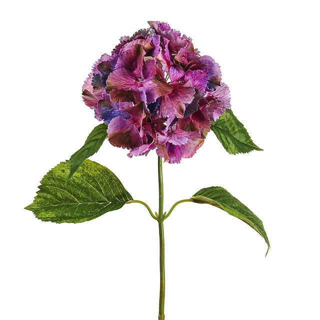 Artificial Hydrangea Dusky Purple flower with green leaves on a single stem against white background.