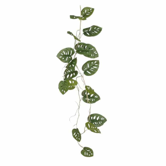 Artificial Monstera hanging plant with multiple green split leaves on thin trailing stems, 115 cm long.