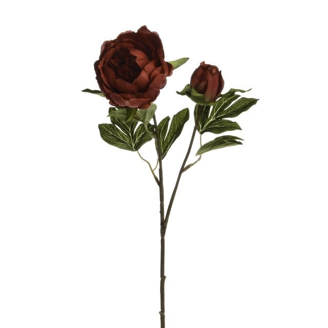 Harvest Peony Red 50cm artificial stem with one open bloom, one bud, and green leaves on white background.
