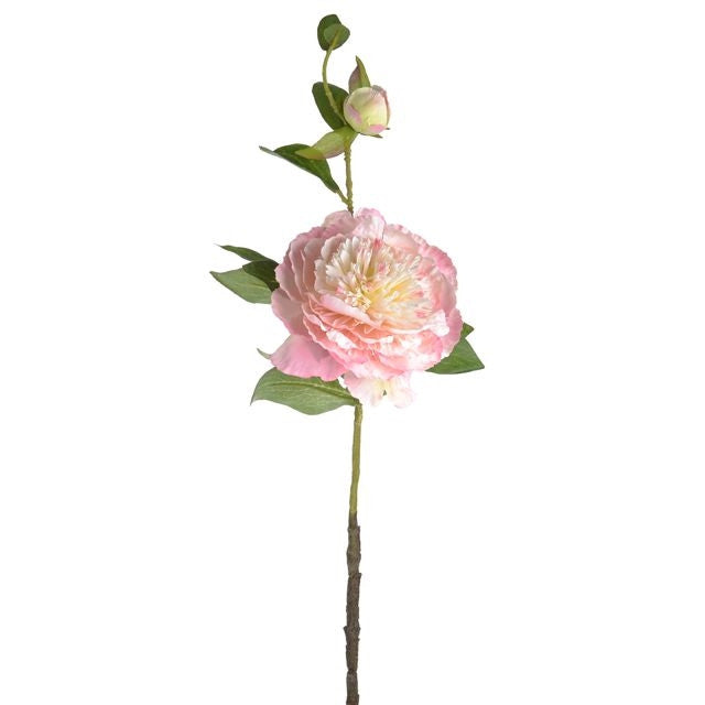 Single 60cm artificial peony stem with soft pink petals, green leaves, and a closed bud on white background.